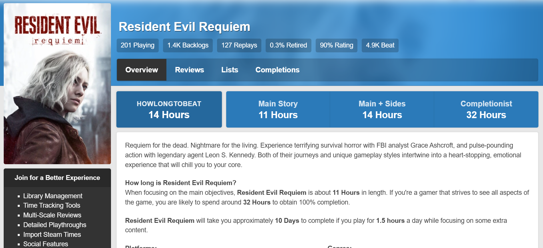 Resident Evil RequiemのMain Story、Main plus Sides、Completionistの時間表示