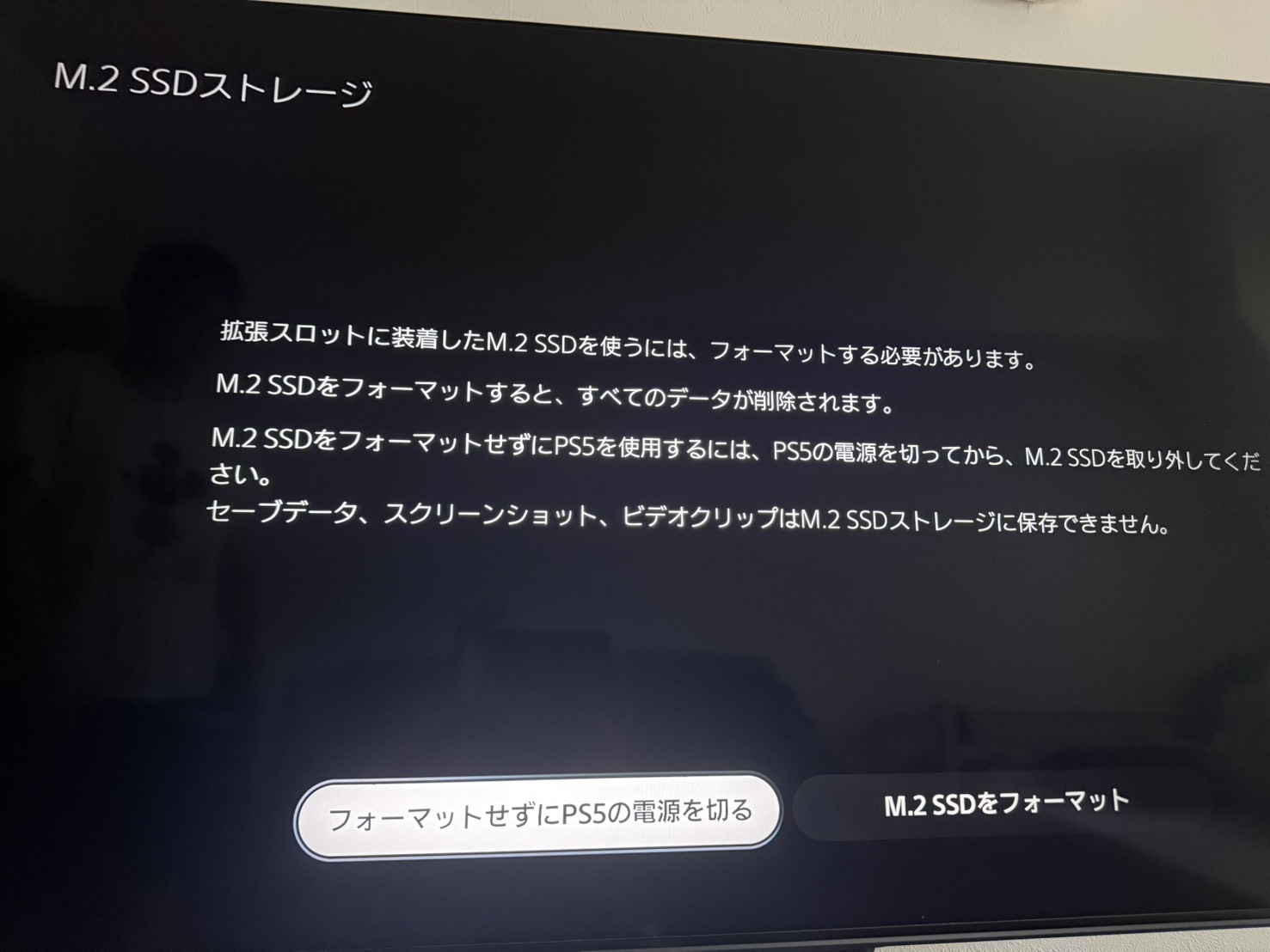 PS5のM.2 SSDフォーマット画面