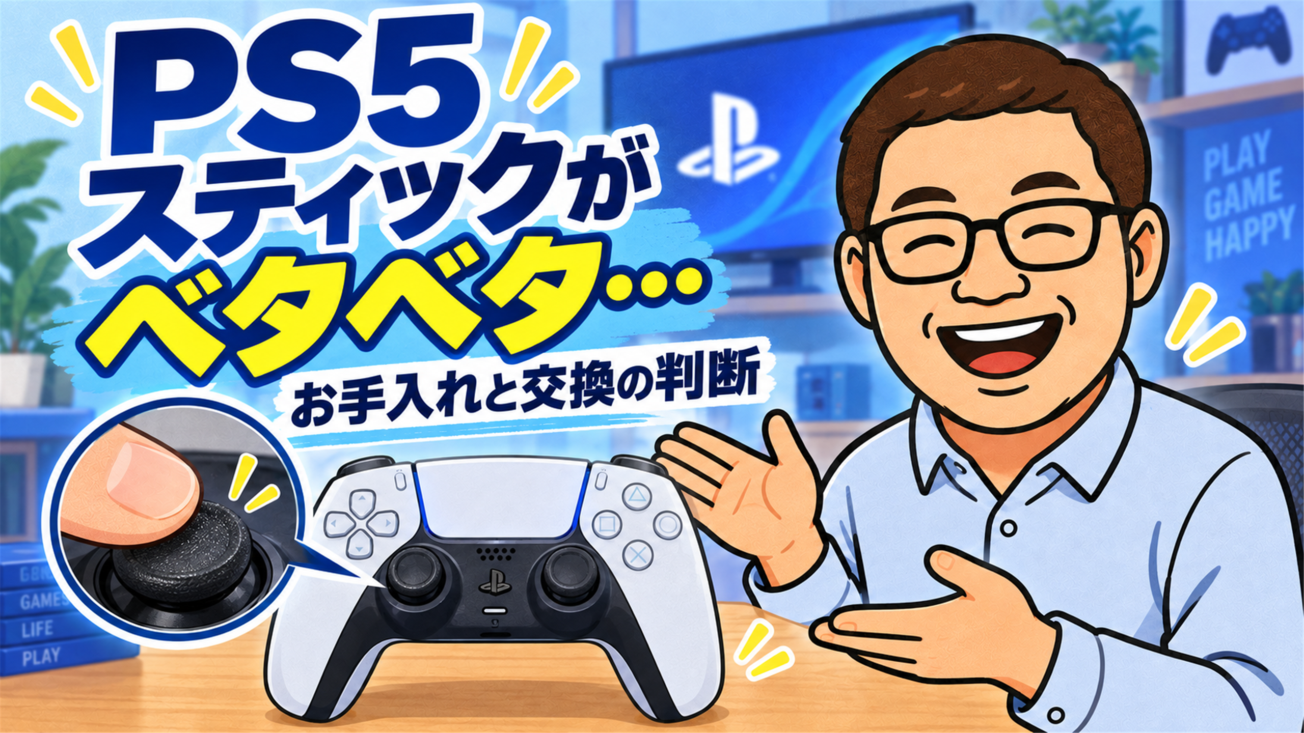 PS5コントローラーのスティックのベタつきと、お手入れ・交換の判断を示すメガネマンのイラスト