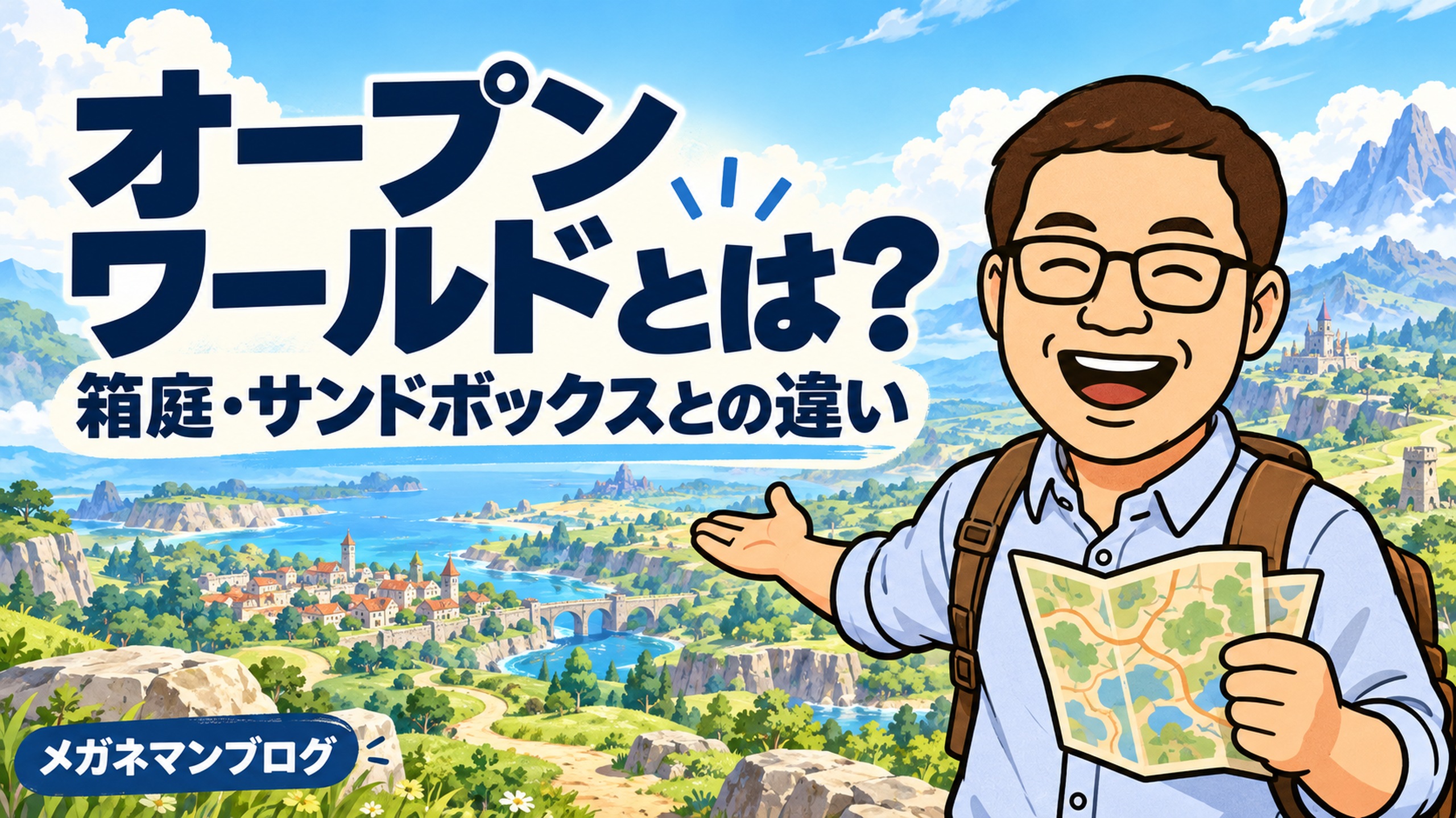草原や街へ続く広い風景と、地図を持つメガネマン。「オープンワールドとは？ 箱庭・サンドボックスとの違い」の文字